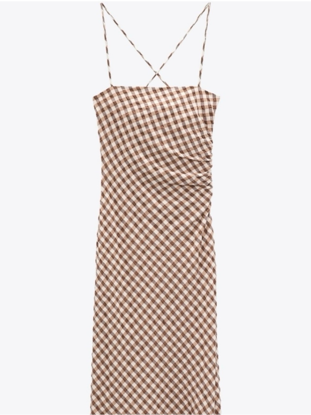 Zara Brown and White Gingham Midi Dress with thin straps